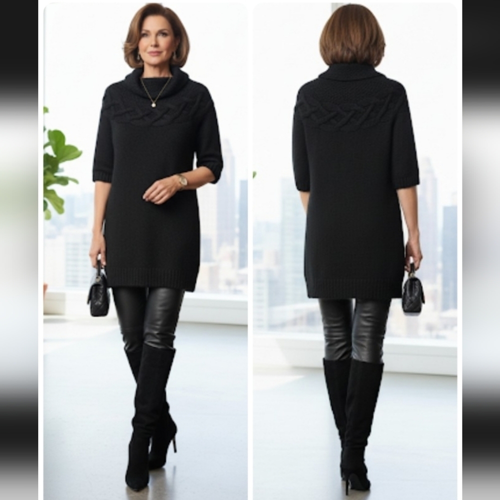Theory Mirna Warmth Wool Cashmere Black Turtleneck Sweater Dress Tunic S…